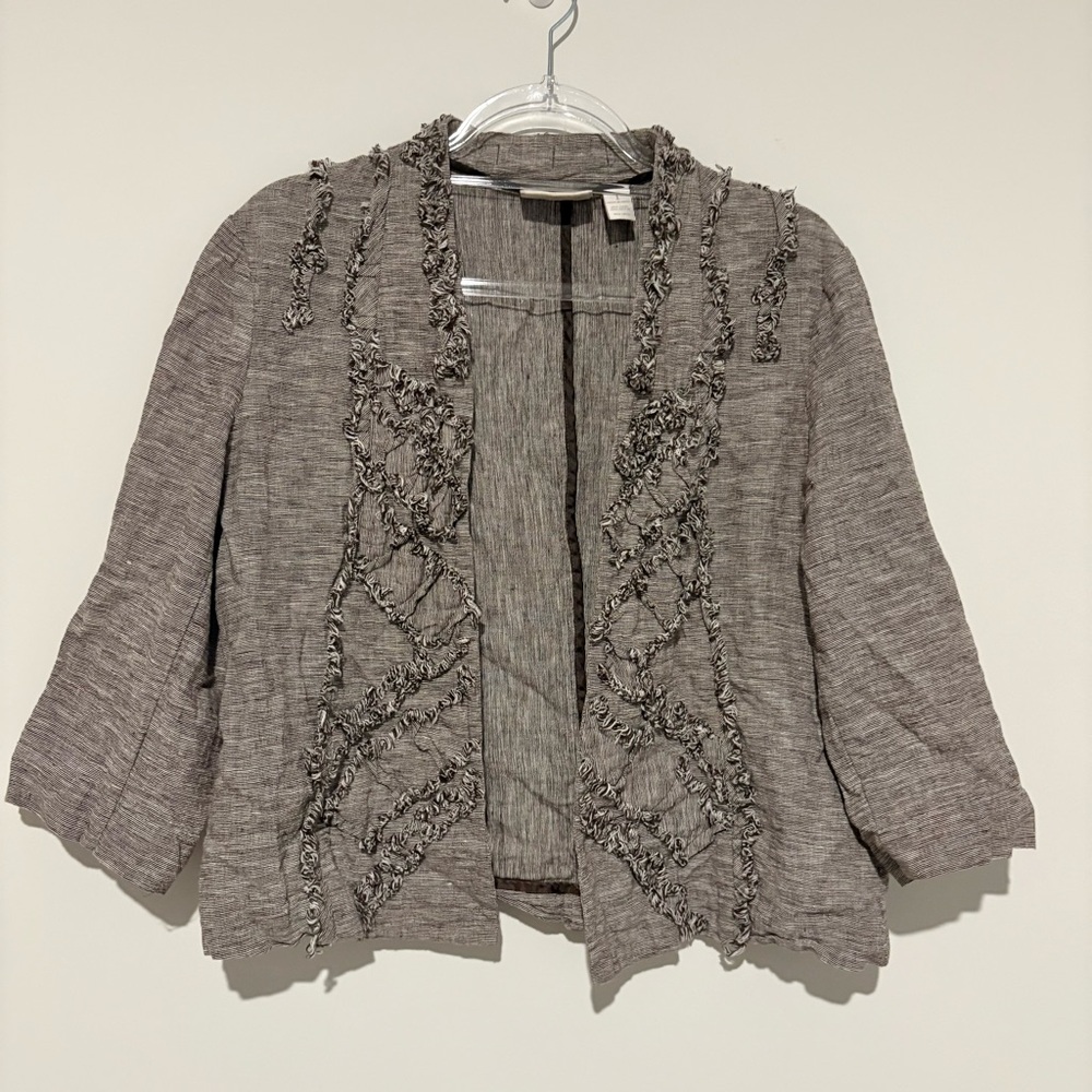 Chico’s linen blend fringe textured‎ open front cardigan grey size 1